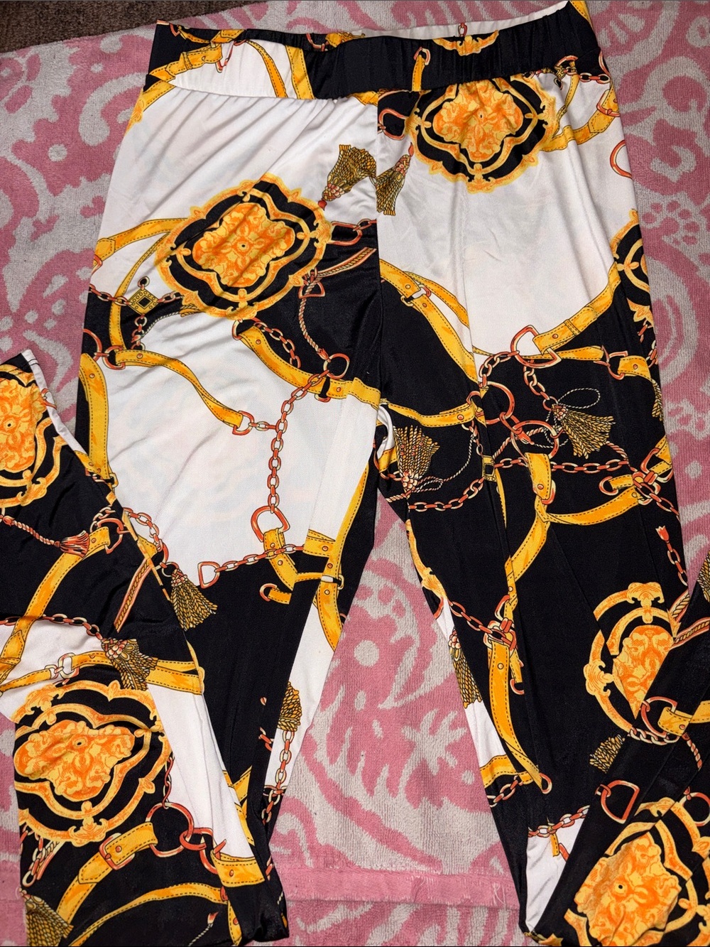 Women’s Black & White Patterned Jogger Pants with Gold Chain Print